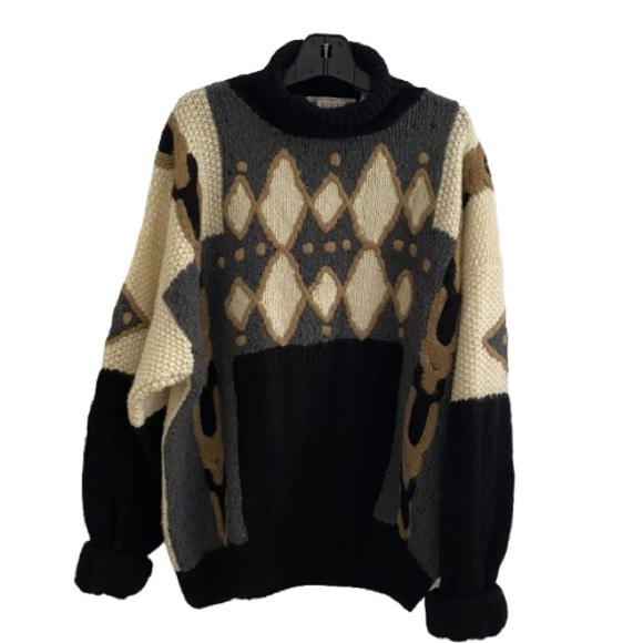 Vintage Sweaters - Vintage Novo Handmade Knit Graphic Turtleneck Sweater XL